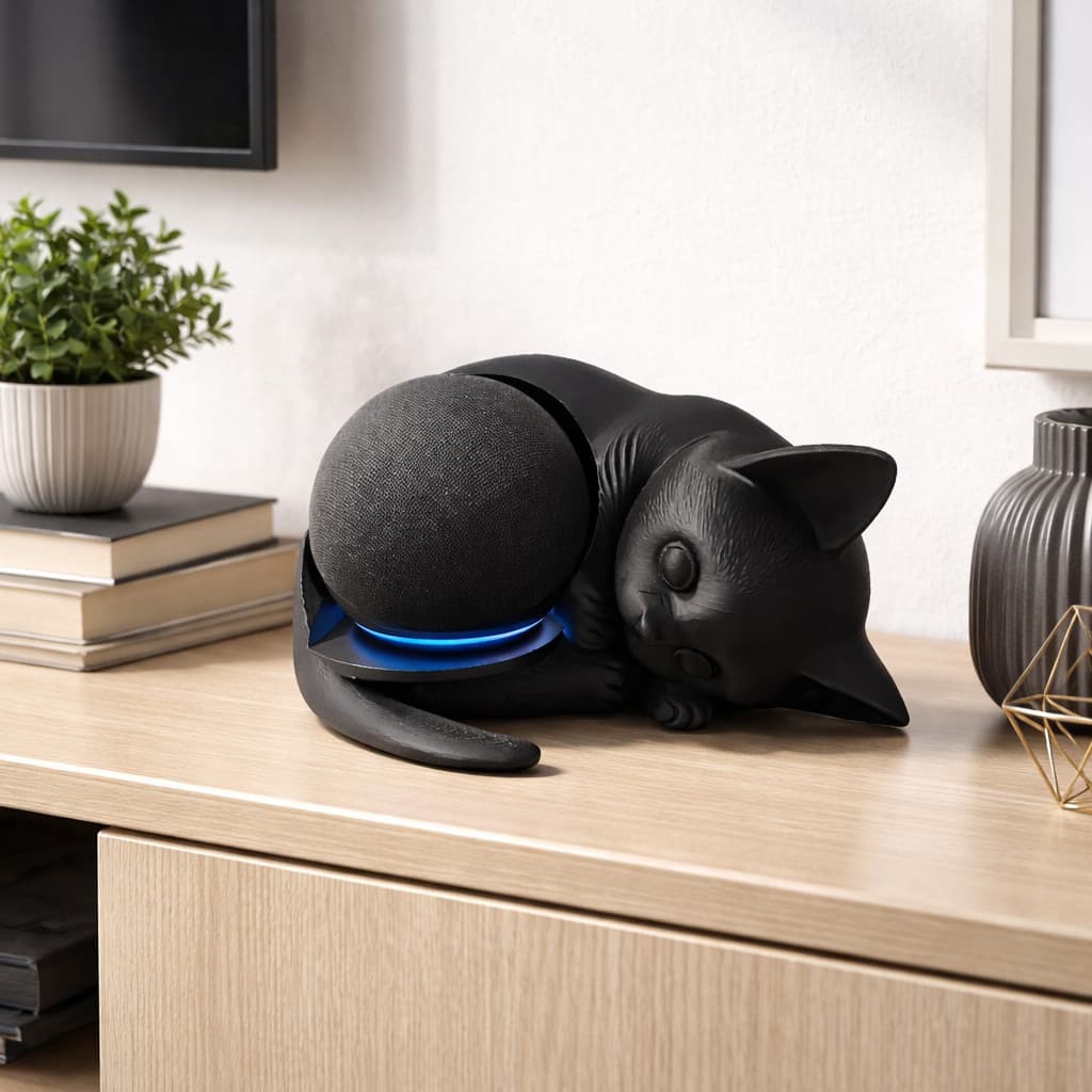 Suporte Alexa Echo Dot 4 e 5 Geração Gato Decorativo  para Estante, Mesa e Rack Moderno