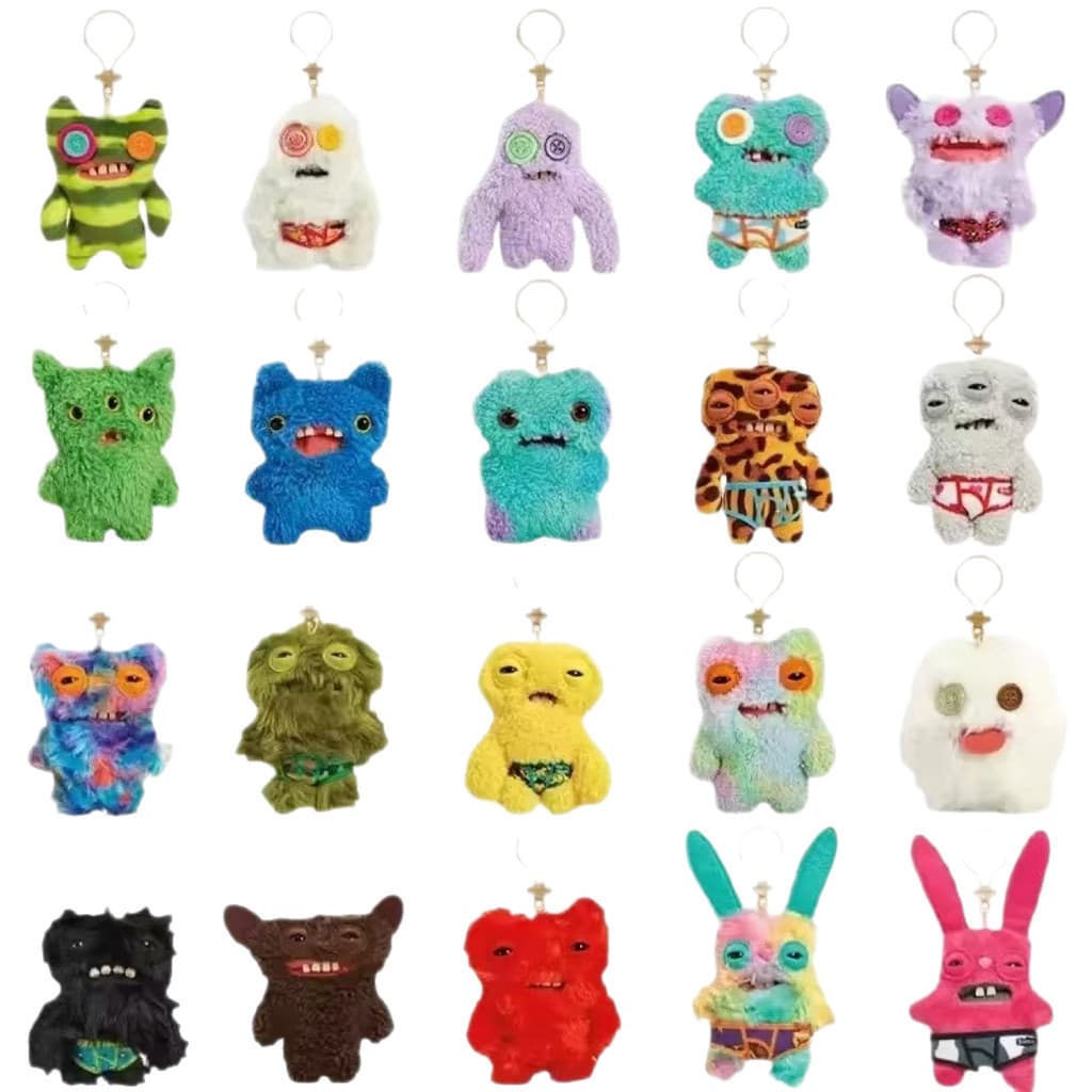 Saco surpresa de 12cm, contendo um brinquedo de pelúcia Fuggler, um monstro divertido e fofo, e um chaveiro de pelúcia d