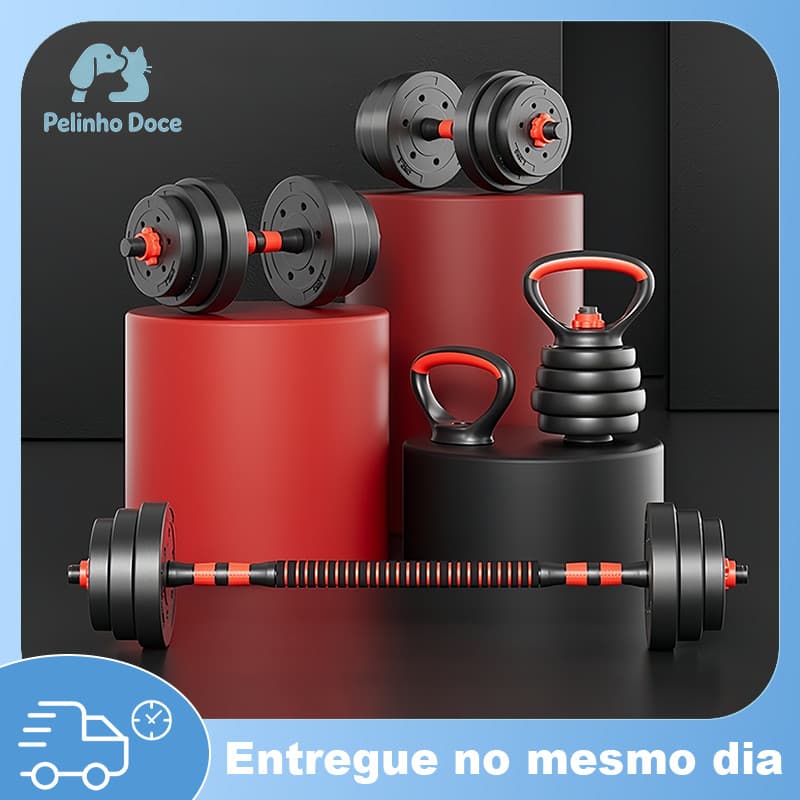 Kit Halteres Anilhas Barras Dumbbell Kettlebell15kg Academia Musculação 6 em 1 Consport Ajustável Treino Funcional Casa