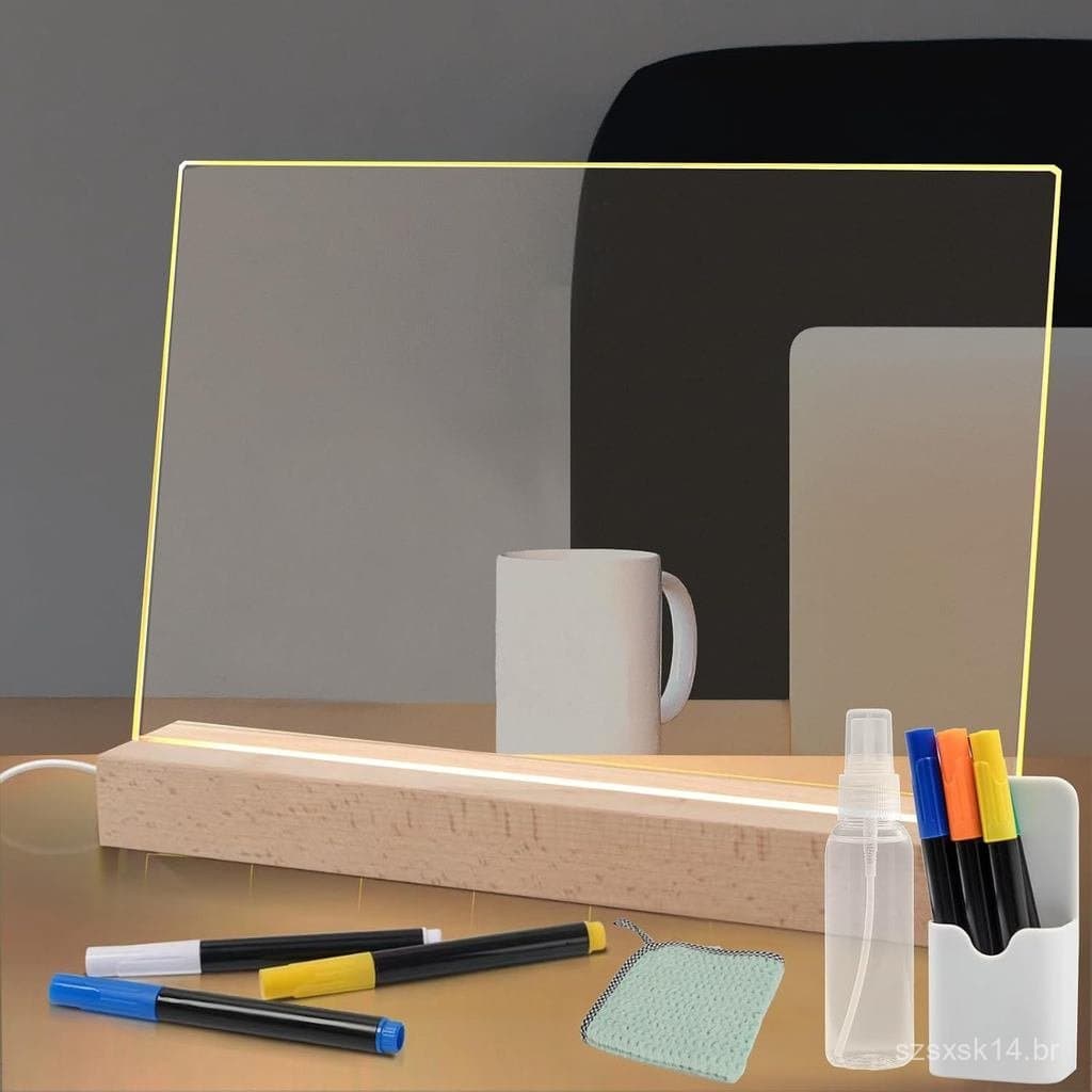 Quadro de Acrílico para Apagar a Seco com Iluminado para Mesa 13 x 9, Quadro Branco Transparente para Anotações