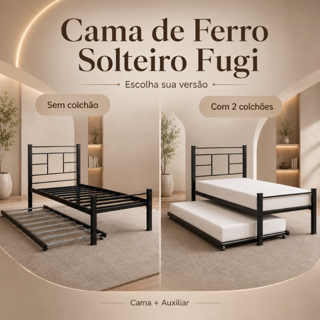 Cama de Ferro Solteiro com Cama Auxiliar de Rodízios Fugi Com Dois Colchões Inclusos