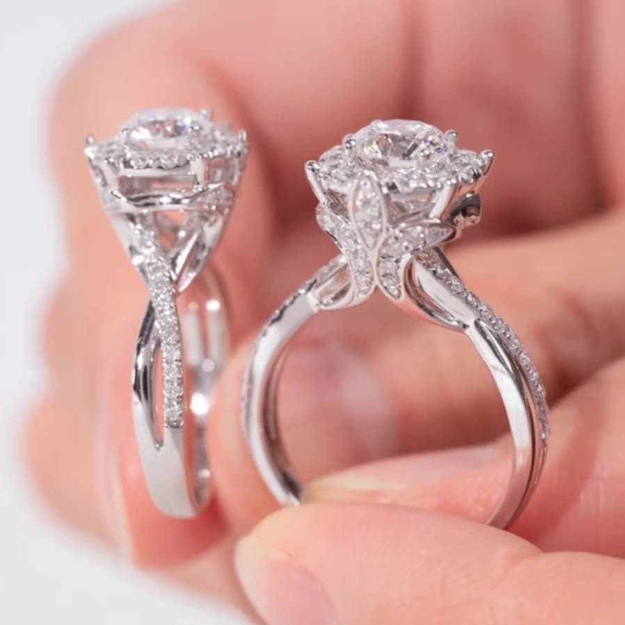 Anel de diamante feminino Retro luxo ouro branco simulação de casamento 1CT anel de diamante real Manor anel