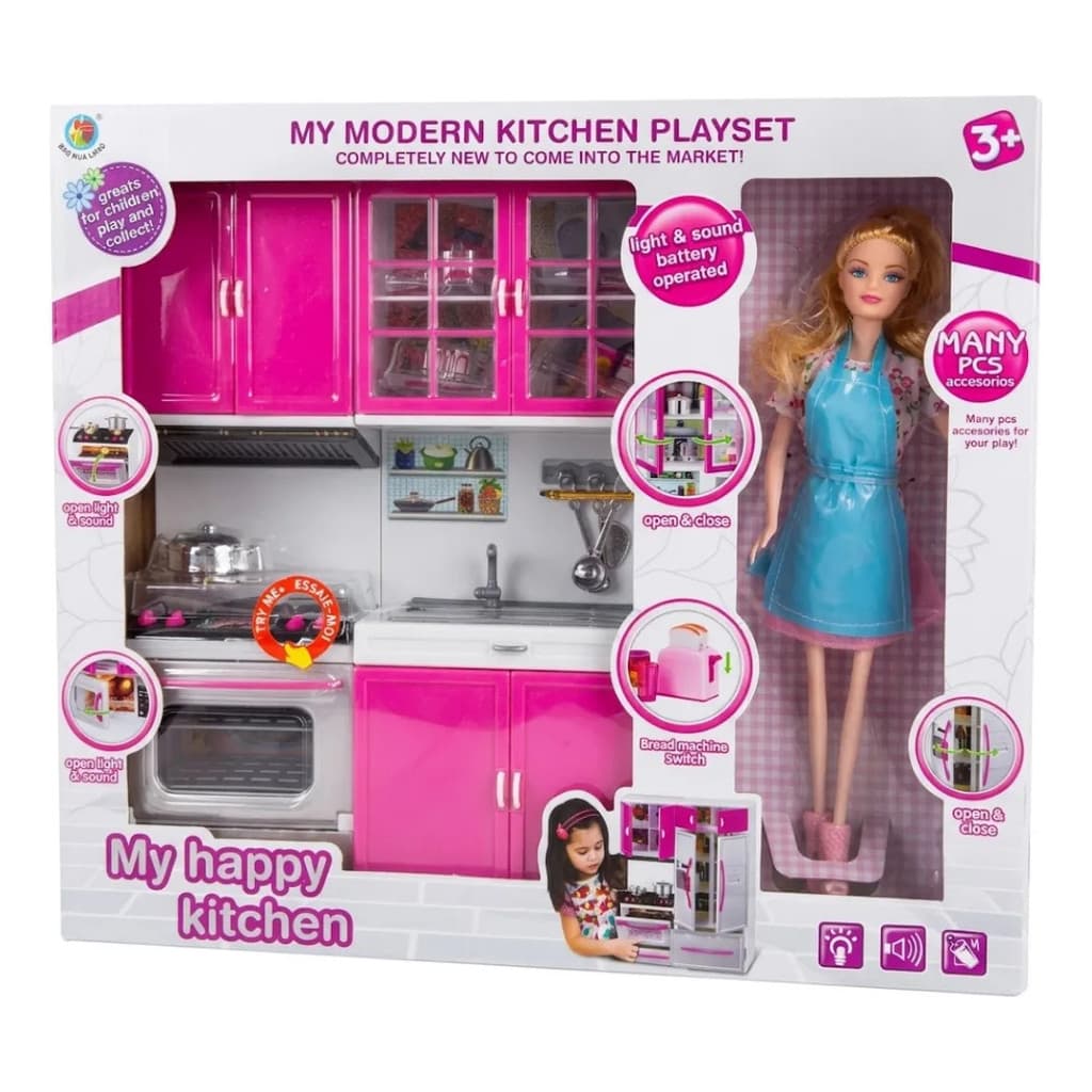 Kit Mini Cozinha Infantil Rosa Completa Com Boneca Rosa