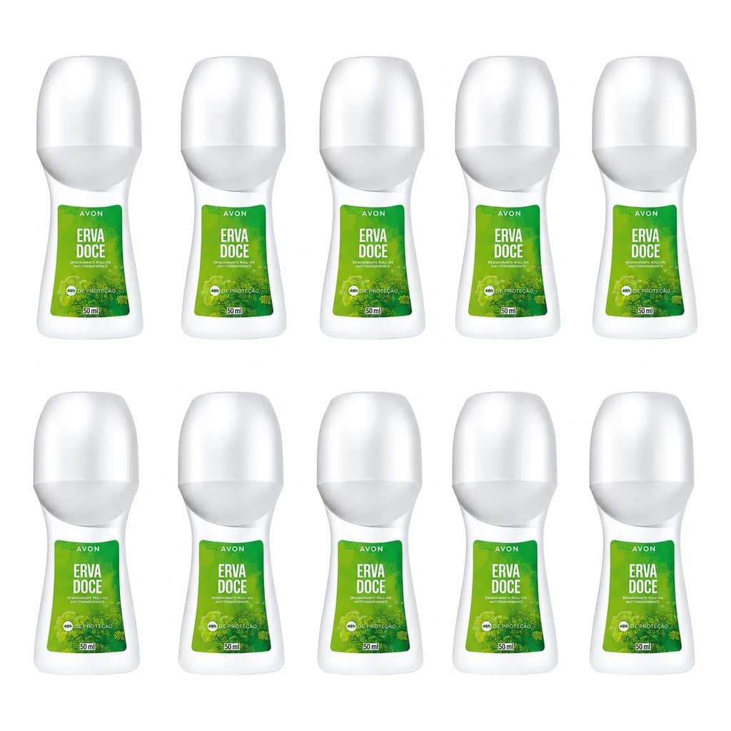 Kit 10 Desodorantes Roll-on Avon Erva Doce 50ml Original 48h de Proteção