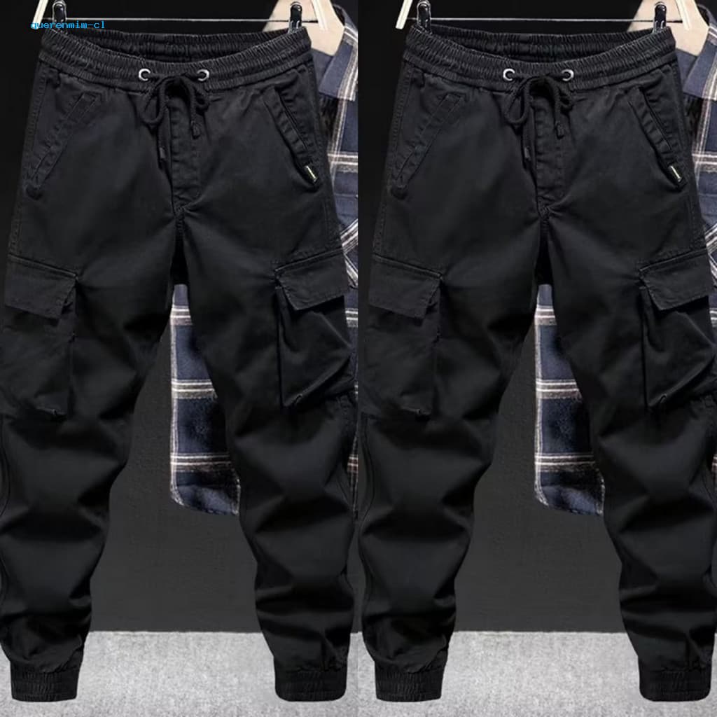Plus Size Pants Breathable Men's Cargo Elastic Waist Drawstring Multi Pockets Soft Fabric Loose Fit Ankle Banded Casual