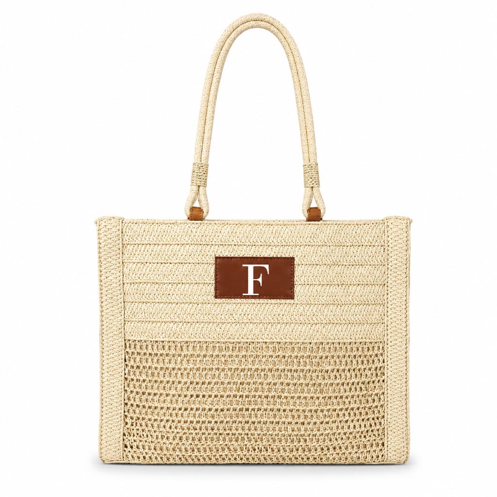 Bolsa Feminina de Ombro Personalizada com Inicial Grande em Palha Estilo Praia Casual Elegante para Viagens Verão Luxo