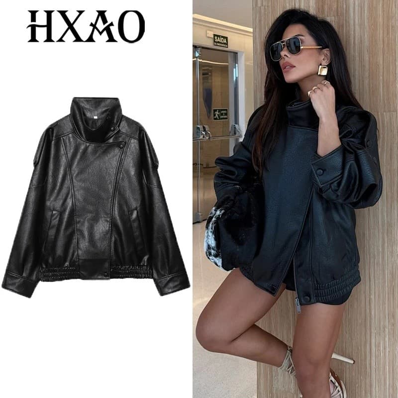 Jaquetas Femininas HXAO, Casaco Feminino de Couro Sintético, Jaqueta de Couro Feminina, Blusa Feminina de Manga Longa, J