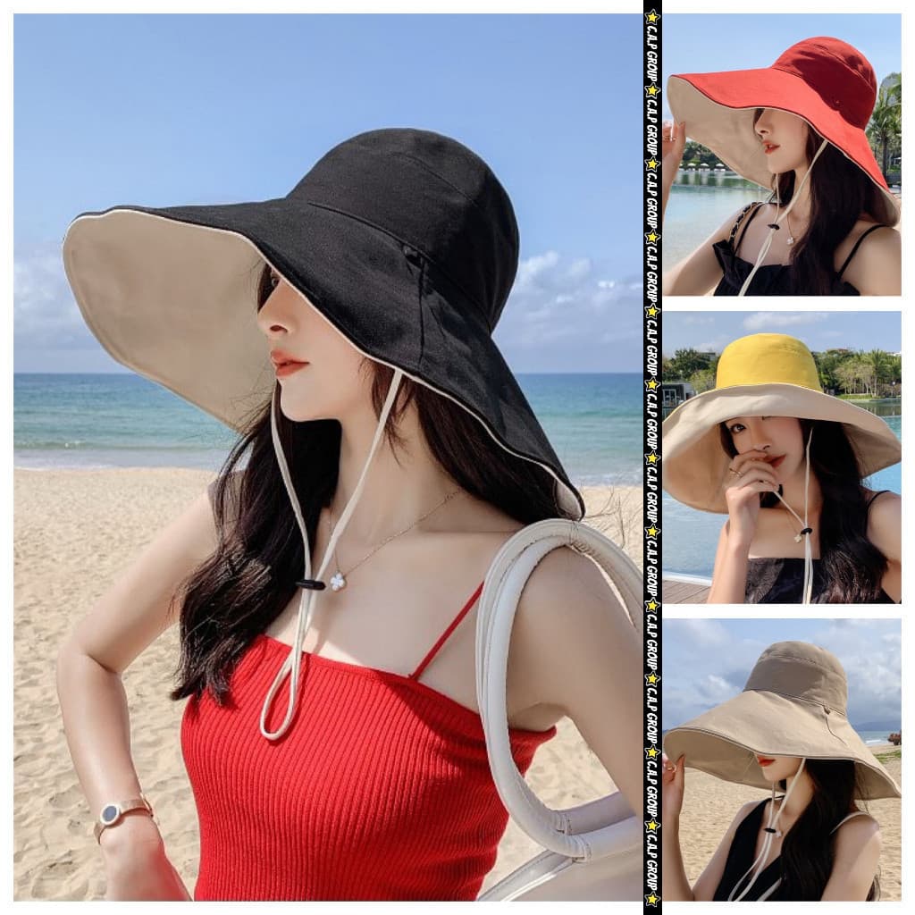 Chapéu de Praia Feminino de Aba Larga, Tecido de Proteção Solar Dupla Face, Proteção UV, Chapéu Redondo Grande