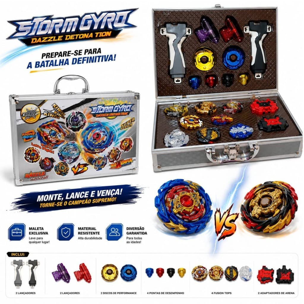 Beyblade Maleta Kit Com 8 Beyblade + Lançador Dupla Rotação