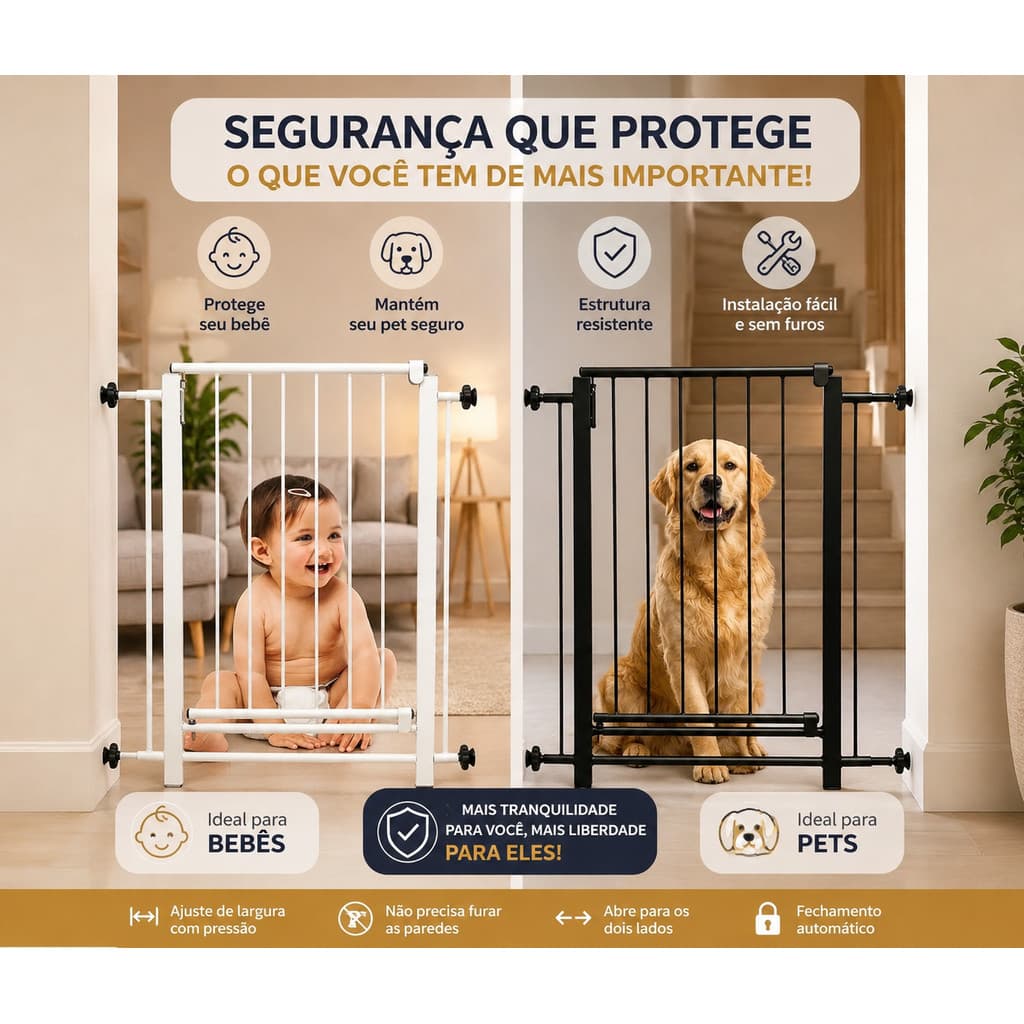 Portão Pet Grade Medidas 65 a 169cm - Gate Segurança P/ Bebê Cachorro Pressão Regulável