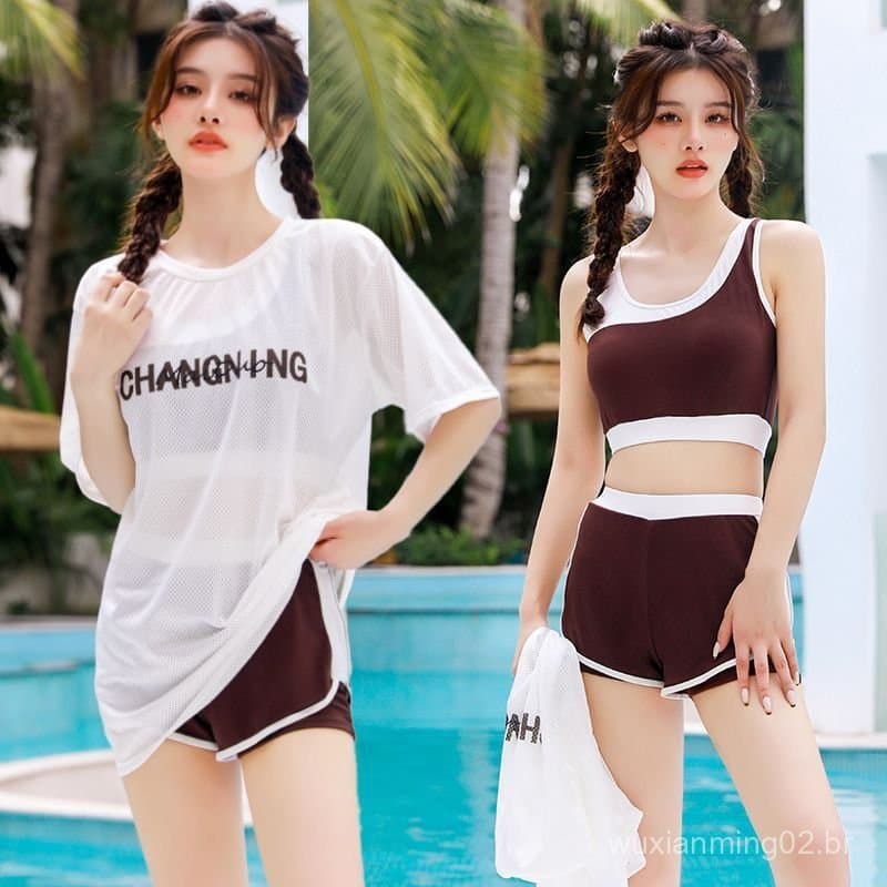 Novo maiô feminino para águas termais, com efeito de disfarce da barriga, modelador, conservador, conjunto de três peças