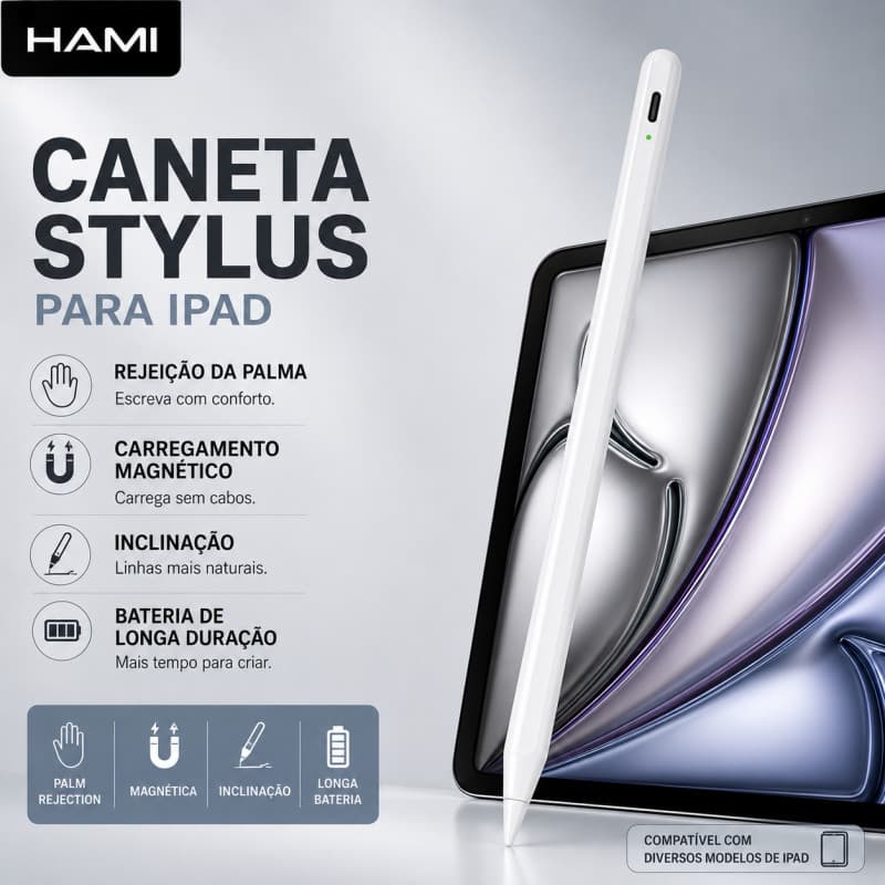 Caneta Stylus para iPad com Carregamento Magnético, Palm Rejection, Inclinação e Alta Precisão