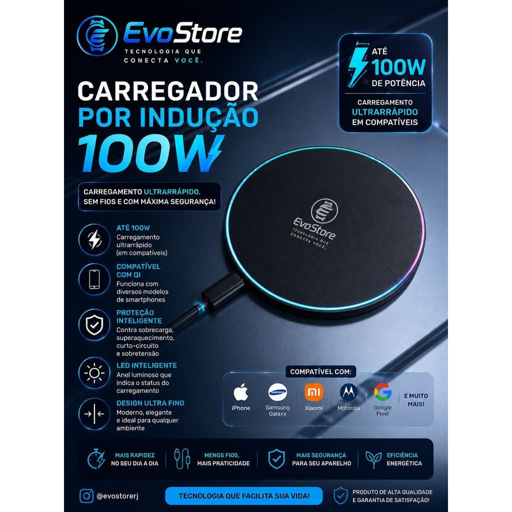 ⚡ Carregador Wireless por Indução 100W – Carregamento Rápido e Inteligente