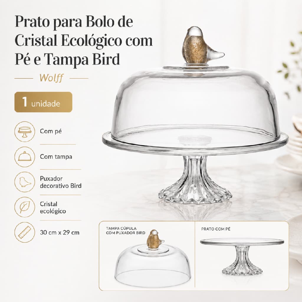 Boleira Wolff Bird Grande Poncheira Saladeira Transparente Luxo Mesa Posta Passarinho 3 em 1 Prato com Pé