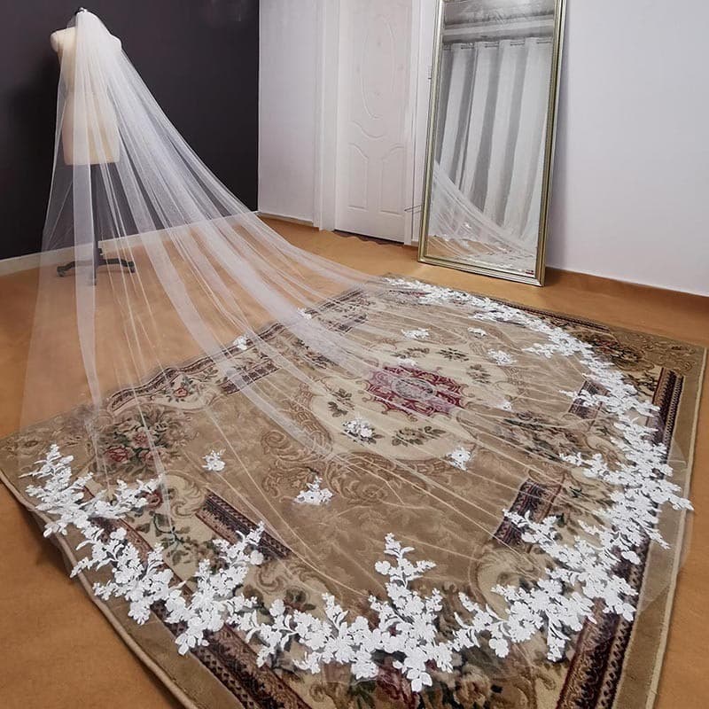 Véu de Noiva Elegante de Tule Longo, Comprimento Catedral 3M, Com Borda de Renda Delicada e Pente NG7G