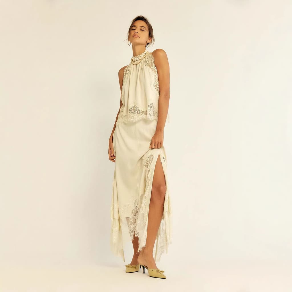 Conjunto De Vestido De Noite Sem Mangas Com Fenda De Cetim De Alta Elasticidade E Retalhos De Renda Solta Elegante
