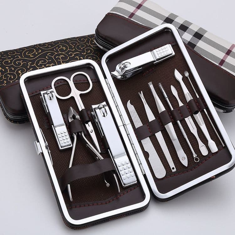 Kit 12 Peças Manicure Portátil Com Cortador De Unhas  Pinça E Tesoura Com Estojo De Couro
