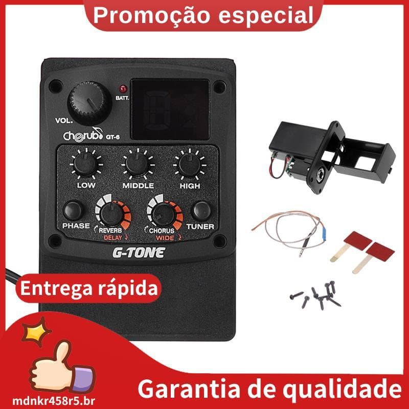 G-Tone GT-6 Pré-Amplificador De Guitarra Acústica Piezo Pickup Equalizador EQ De 3 Bandas Sintonizador LCD Reverb Atraso