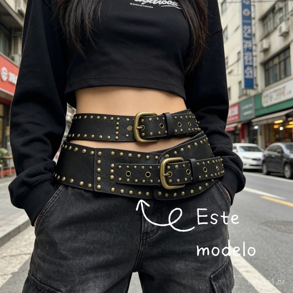 Cinto Feminino Largo com Tachinhas Elegantes em PU