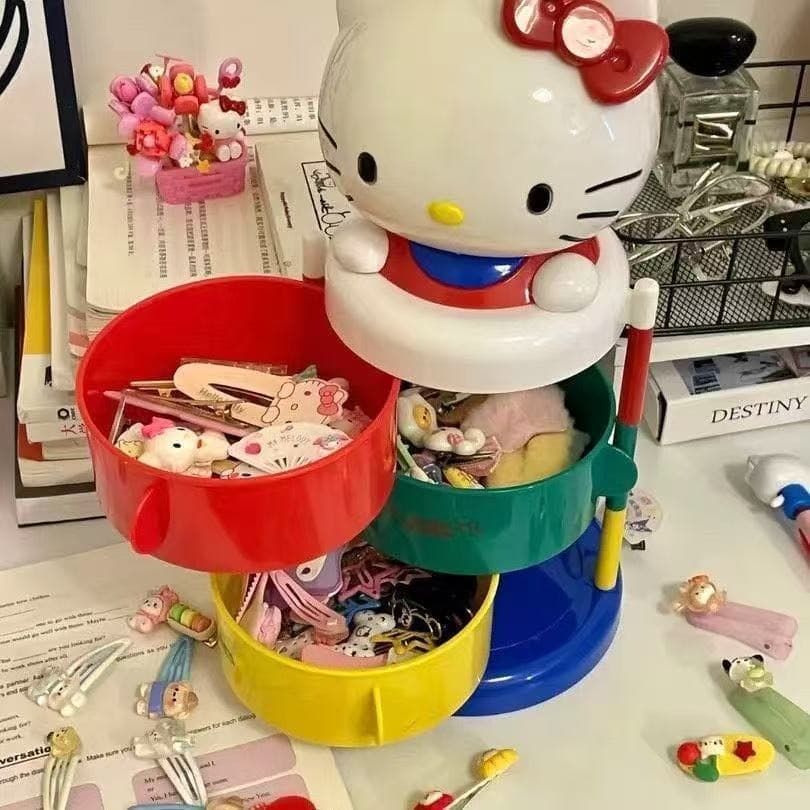 Caixa de armazenamento HelloKitty giratória de três camadas para armazenamento inicial kt caixa de joias penteadeira