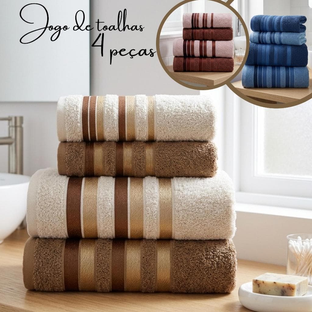 Kit Jogo De Toalhas Banho e Rosto 4 Peças 100% Algodão Enxuga Bem Ótima Absorção New Premier Habitat