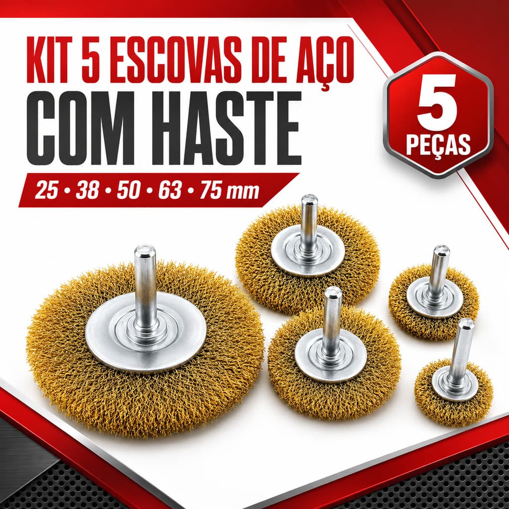 Jogo Escova de Aço Fertak 5 Peças Com Haste 75mm 4500 RPM