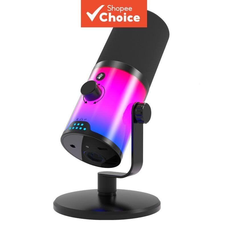 Microfone Dinâmico XLR/USB, Microfone de Mesa para PC para Transmissão ao Vivo, Podcasting com Iluminação RGB e Função