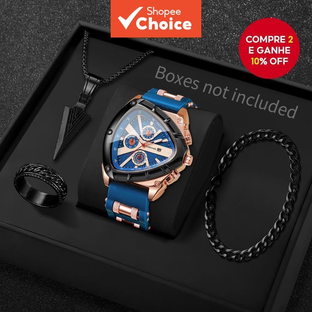 4 Pçs Conjunto Masculino De Luxo Esportes Calendário Relógio Quartzo Com Pulseira Silicone Colar Anel Moda Presente Sem