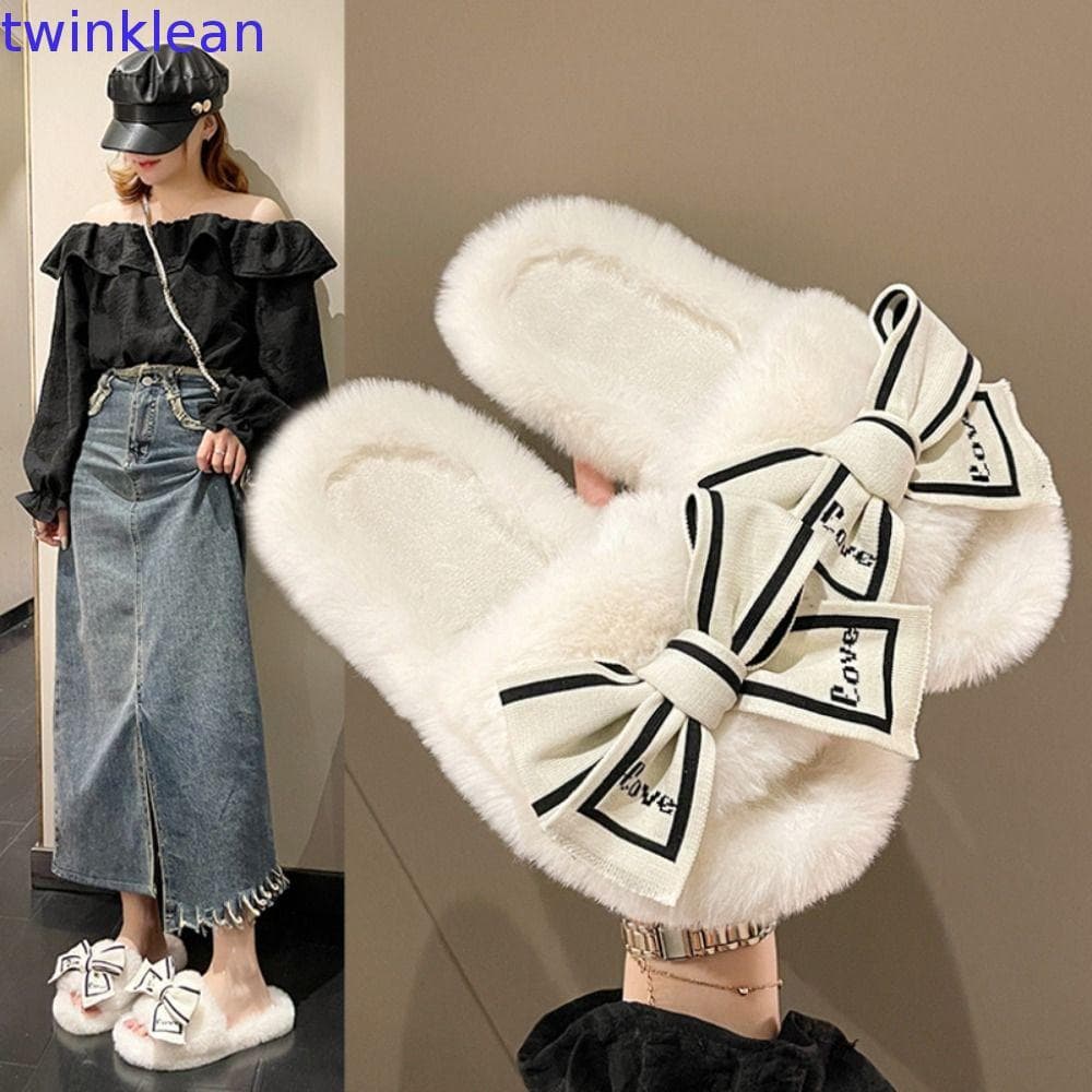 Chinelos De Pele Com Laço TWINKLEAN , Pelúcia Macios Antiderrapantes De Uma Linha , Sola Grossa E Lindos Para Casa
