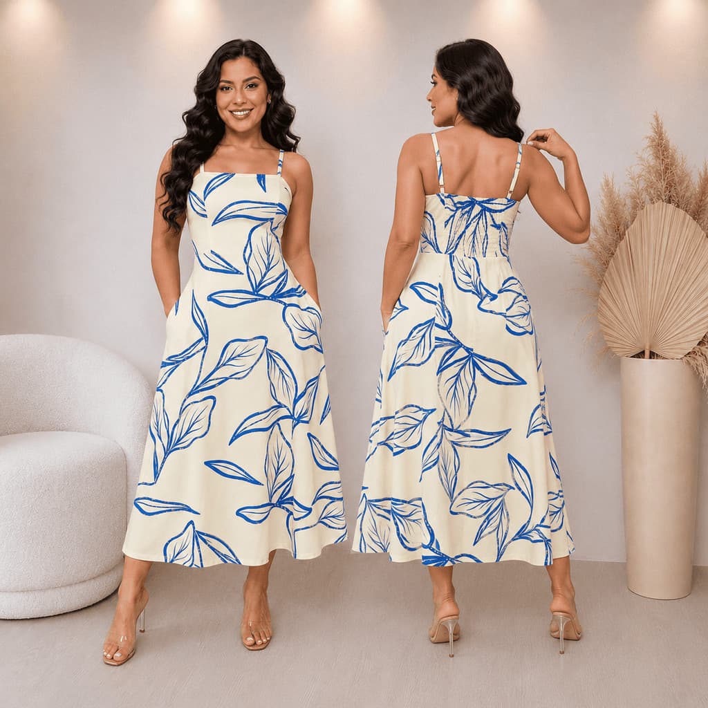 Vestido Midi Alça Moda Cristã Casual Elegante Premium Moderno Godê Exclusiva Modesto Com Caimento Fluido Evasê