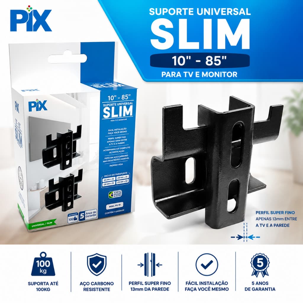 Suporte TV Fixo Slim Universal 10 a 85 Polegadas até 100kg LED LCD Smart TV