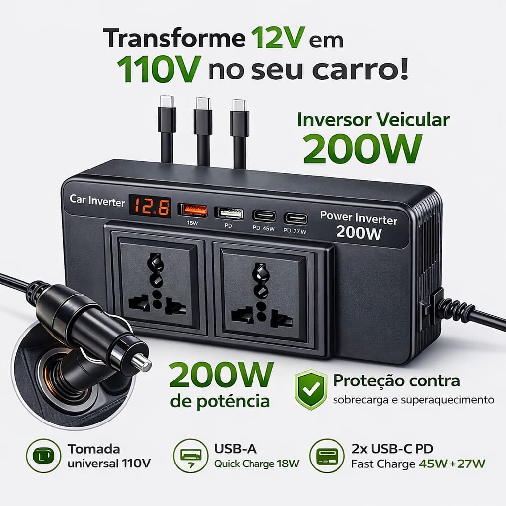 Conversor 12V 200W 4USB 2Tom c/3 Cabos | Portátil