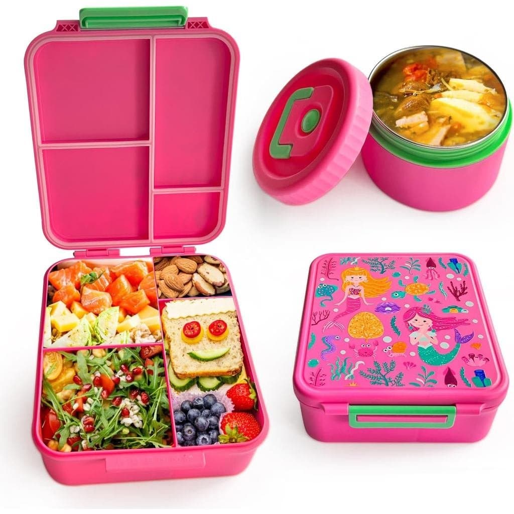 KidzBento lancheira de quatro compartimentos com copo térmico para sopa, recipiente térmico à prova de vazamentos, adequ