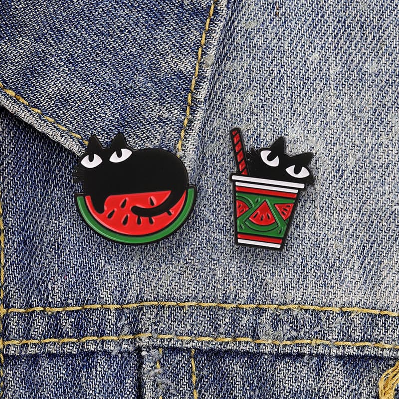 Gato Preto Melancia Verão Refrescante Esmalte Broche Moda Acessórios De Roupas Mochila Crachá Jóias Presente
