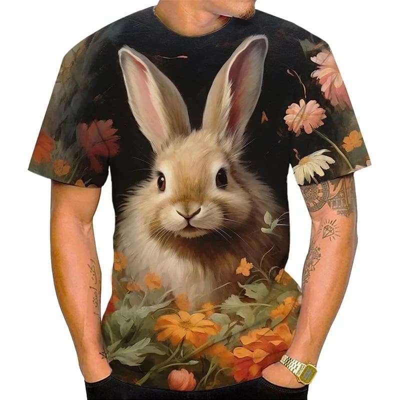 Camiseta Masculina Com Estampa De Coelho Animal Fofo Flor 3D Estampada Camisetas Verão Casual Gola Redonda Unissex Manga