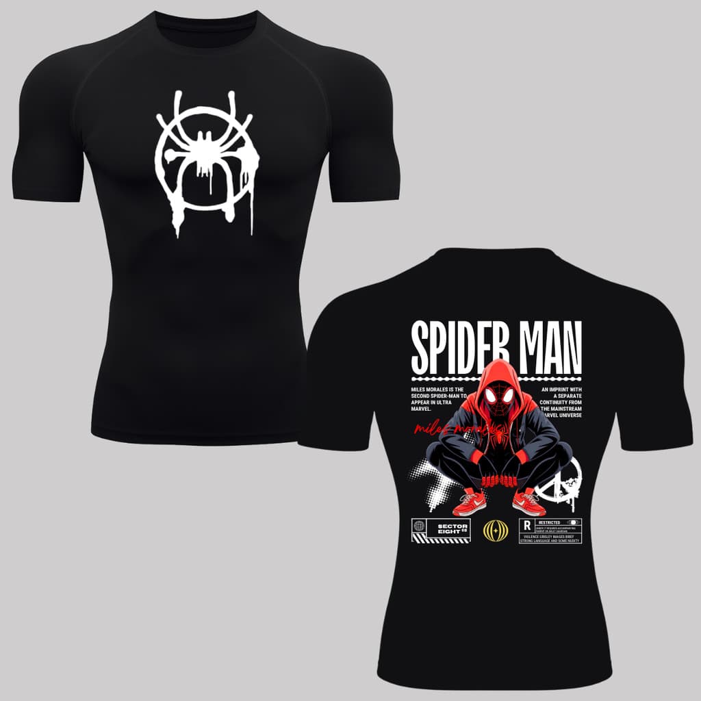 Camiseta Segunda Pele Homem-Aranha Miles Morales Compressão Manga Curta UV