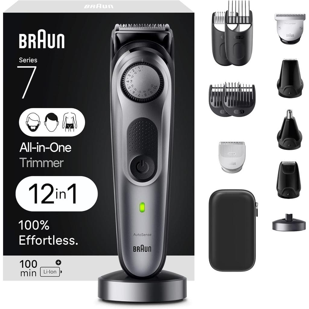 Kit de Barbear Masculino Tudo-em-Um Braun Série 7 7440, 12 em 1: Aparador de Barba, Rosto, Nariz, Orelhas, Máquina de Co