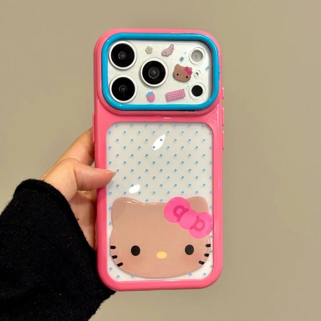 Two-tone polka dot cat pattern phone case，With large viewing window，Applicable iPhone 17 Pro Max、16/15/14 Pro、13/12/11，