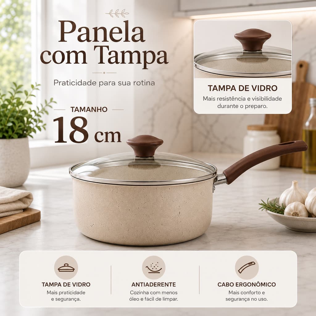 Panela Cerâmica Antiaderente 18cm Rocca Bege com Tampa de Vidro