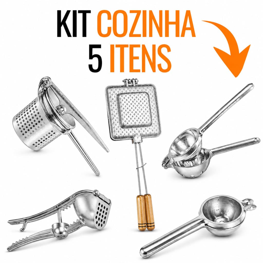 Kit 5 Utensílios Alumínio Espremedor Limão Laranja Alho Amassador Batata Baurutex Sanduicheira