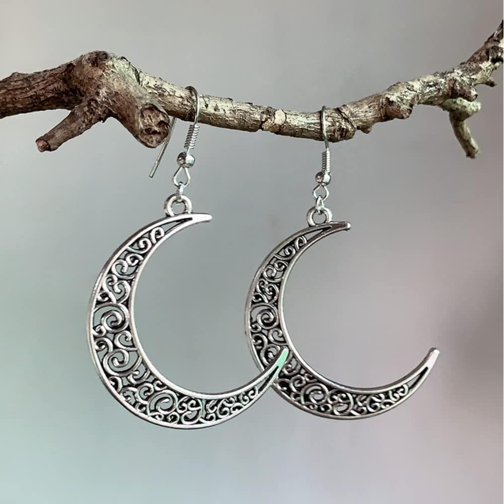 Joias de Moda, Brincos Pendentes de Lua Crescente em Prata Vintage MC0B