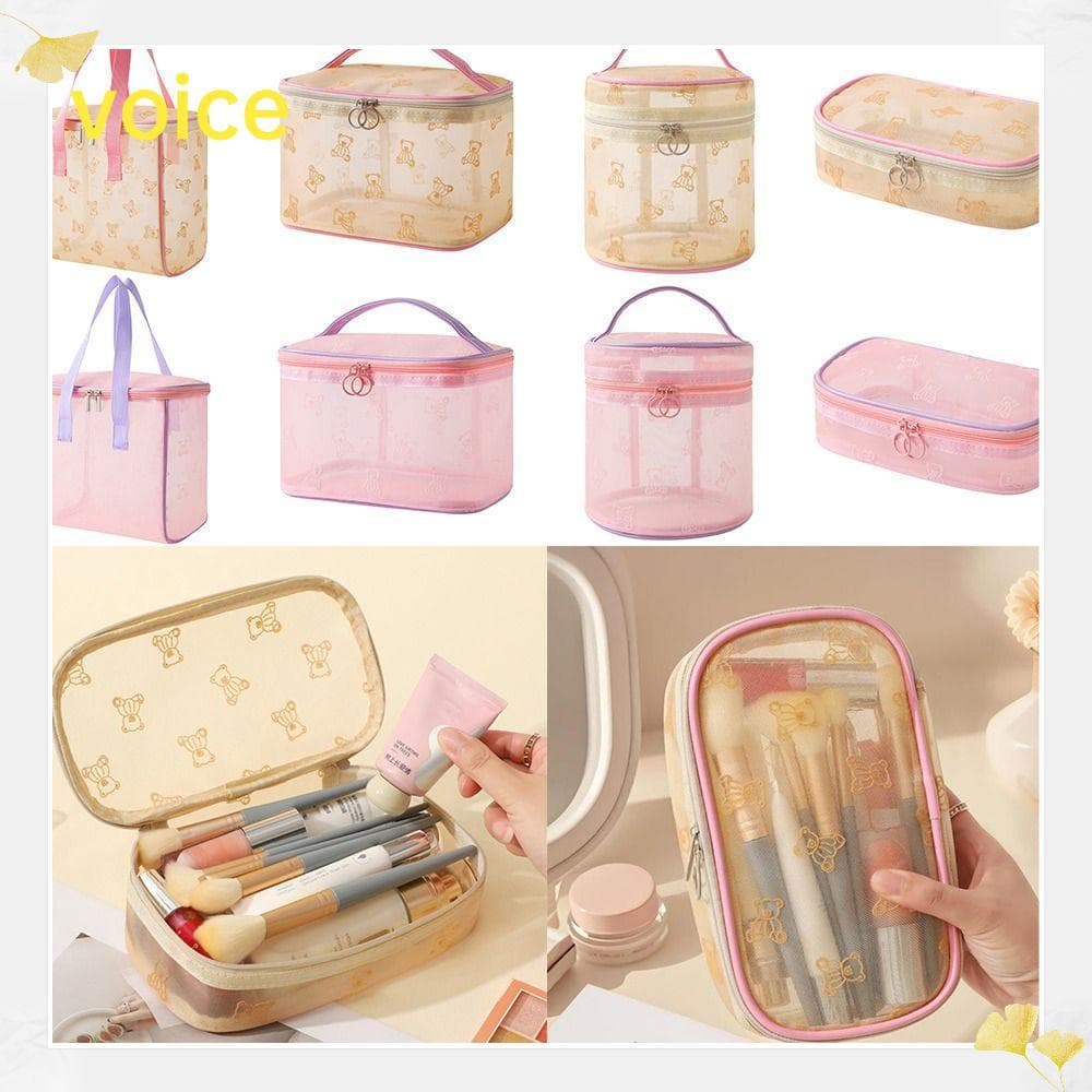 Bolsa Cosmética De Malha VOICE , De Higiene Pessoal Bege Rosa Urso De Desenho Animado Armazenamento De Gaze De Grande Ca