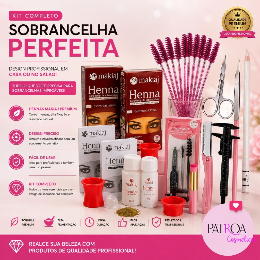 Kit Sobrancelha Design + 3 Henna Makiaj + Tesoura + Navalha