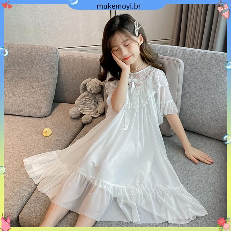 Meninas palácio camisola estilo princesa verão pijamas infantis longo Homewear estilo fino gaze renda Modal novo estilo