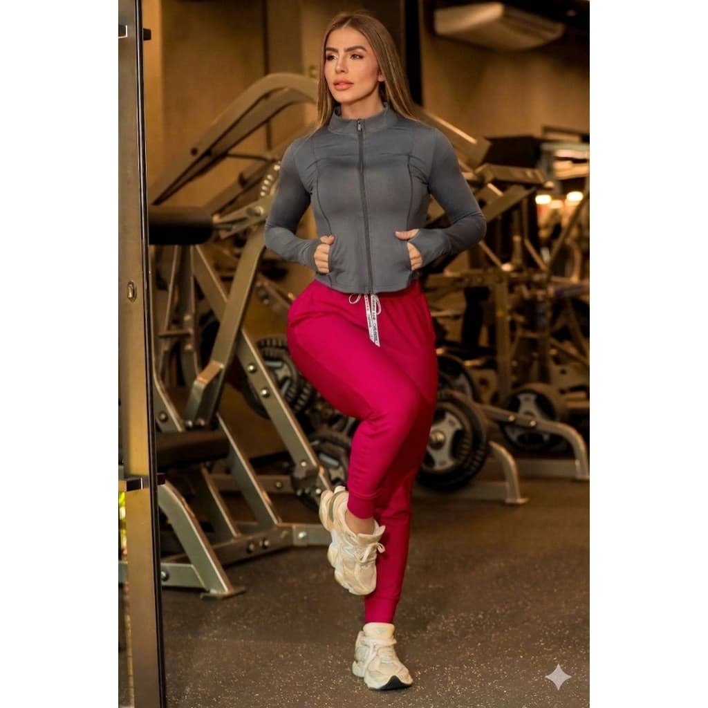 Jaqueta Feminina Esportiva Casual Manga Longa Com Punho Zíper Ajustado ao Corpo Poliamida
