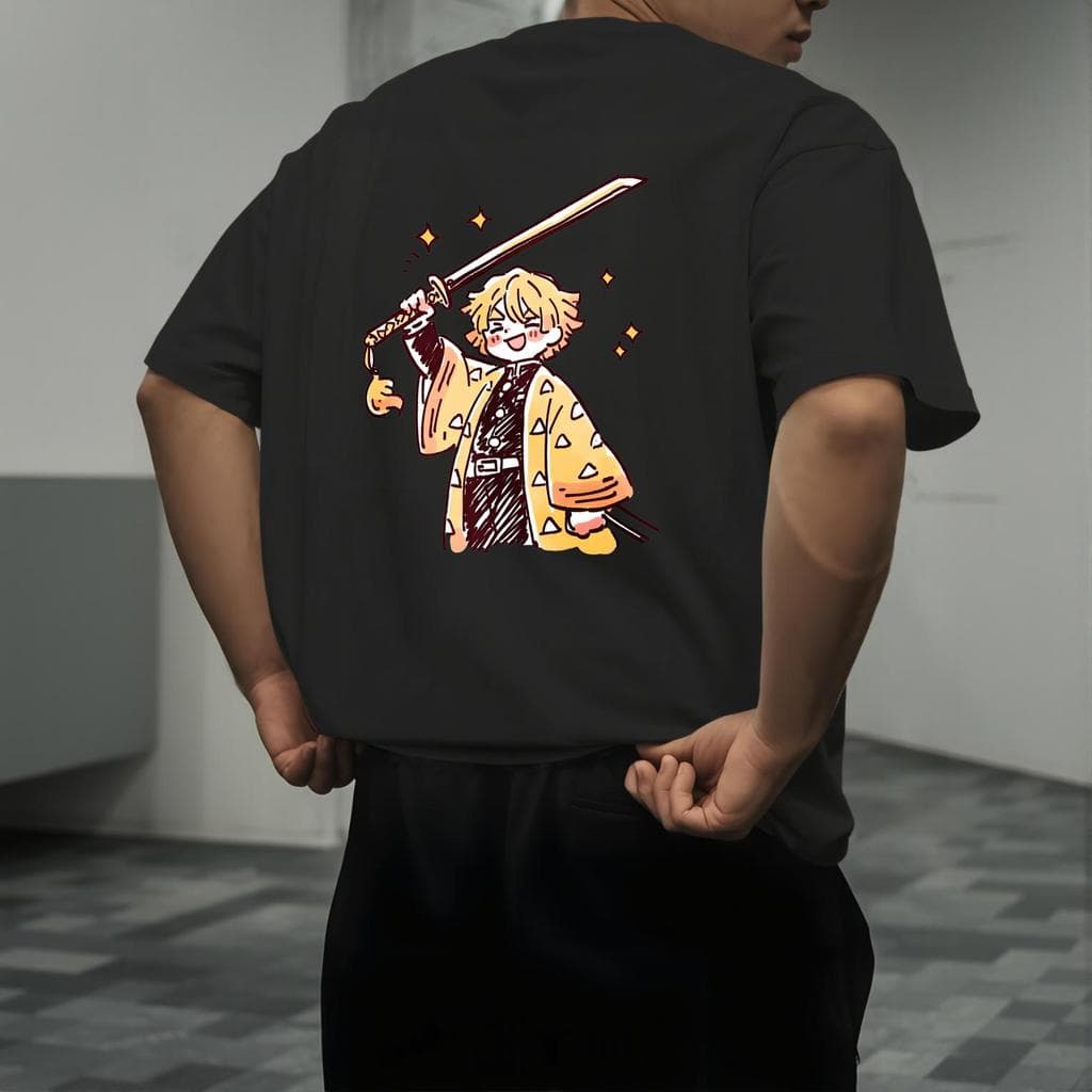 Camiseta Oversize Zenitsu Estampa nas Costas, Camiseta de Algodão Manga Curta Unissex Kimetsu no Yaiba para Fãs de Anime