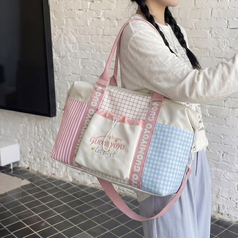 Pequena cor fresca combinando treliça bolsa de viagem feminina grande capacidade portátil saco de armazenamento de Fitne