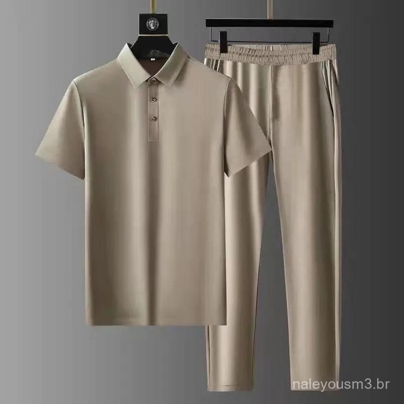 Conjunto com gola polo, ultra-fino, elástico, de secagem rápida, em seda gelada, de manga curta e duas peças.