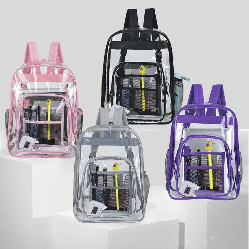 Fornecimento de mochilas transparentes, mochilas de PVC, mochilas escolares de PVC, mochilas escolares de grande capacid