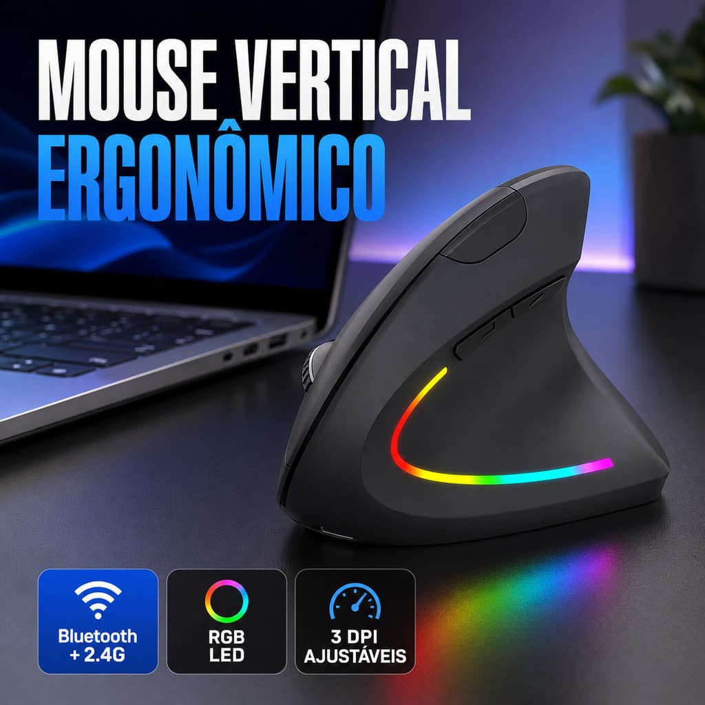 Mouse Vertical Ergonômico Sem Fio Recarregável USB Bluetooth Silencioso Ortopédico Mão Direita PC Gamer Super